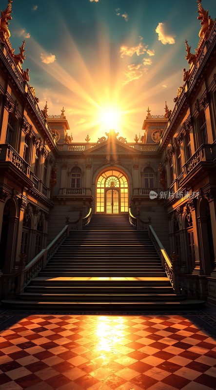 金色阳光下的宏伟宫殿与楼梯