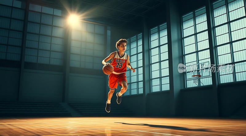 篮球少年在室内球场运球突破