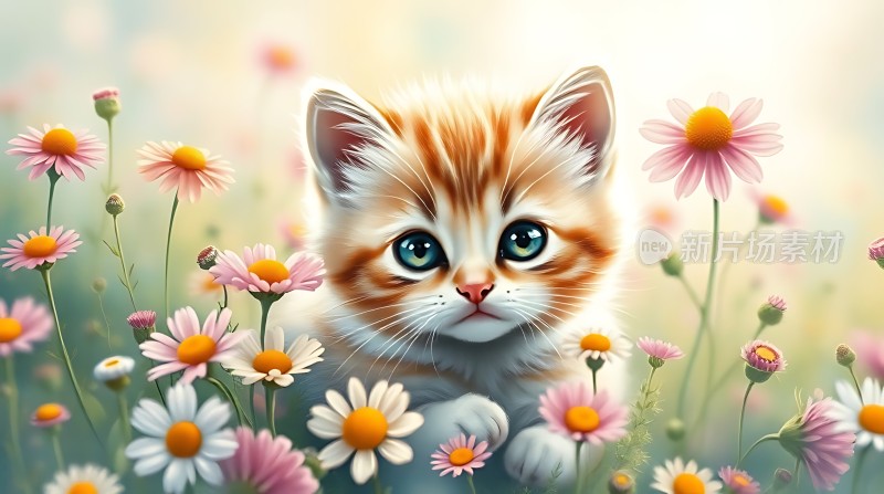 小猫在花丛中探出头