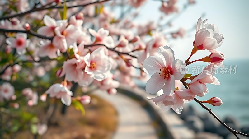 春日樱花绽放海天一色映衬下花瓣轻舞飞扬