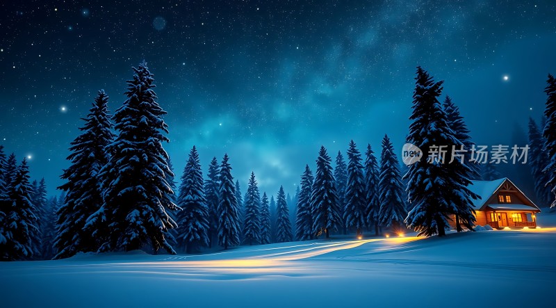 雪夜星空下的温馨小屋