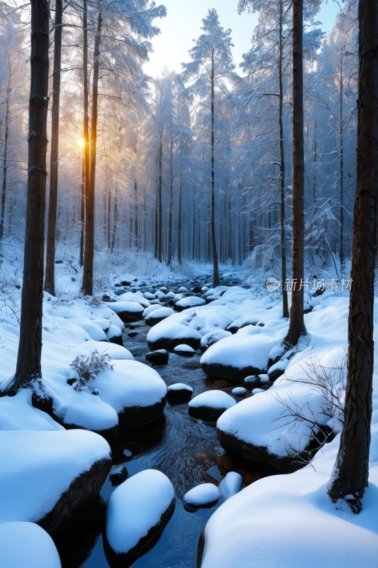 雪森林里一条小溪流过阳光照耀着树林风景