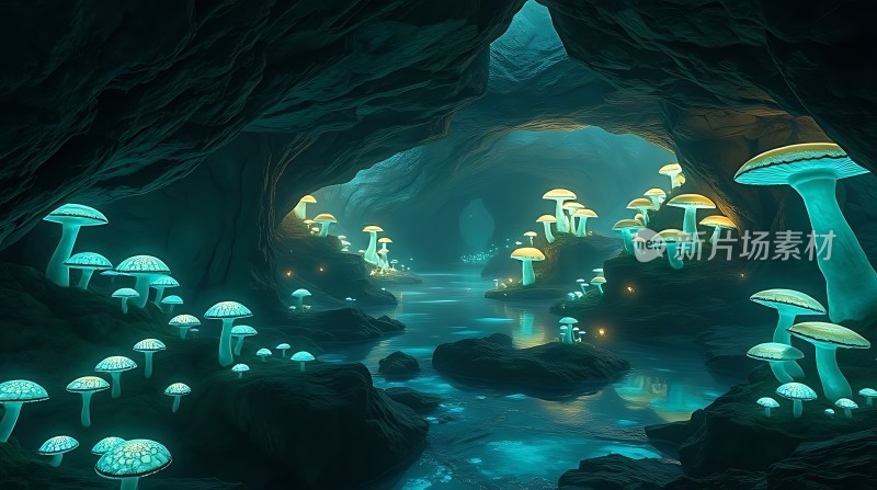 神秘洞穴中的荧光蘑菇世界