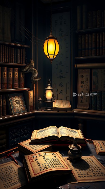 古书秘籍灯笼照亮深夜书房
