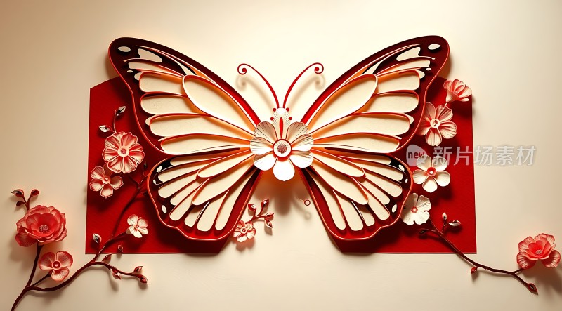 红色蝴蝶与花朵的艺术组合
