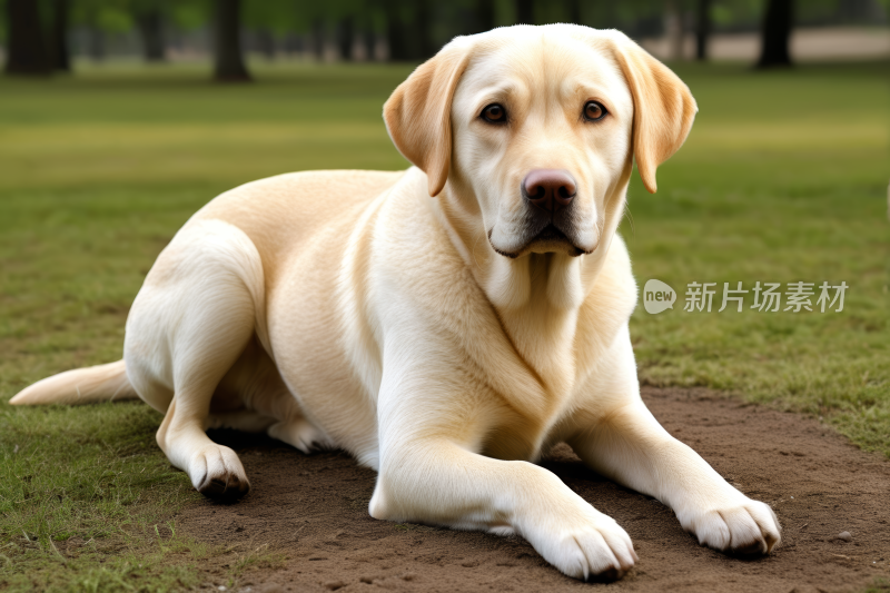 黄色拉布拉多猎犬躺在公园的地上高清图片