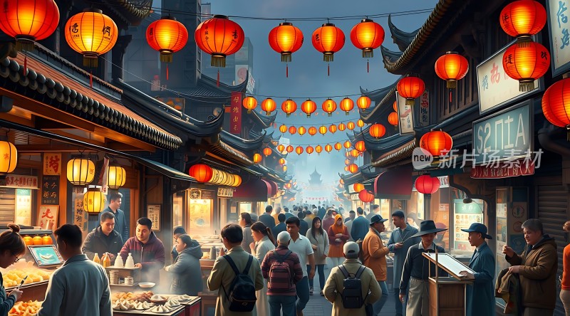 夜市繁华灯笼高悬热闹非凡