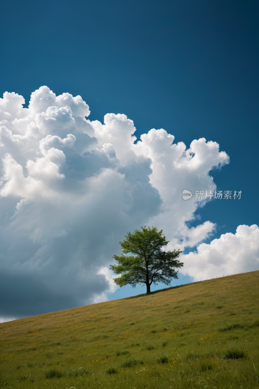 云的天空下草山上一棵孤独的树高清风景图片