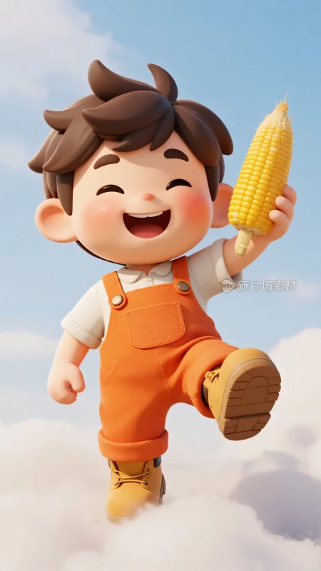 手持玉米的欢乐卡通小男孩