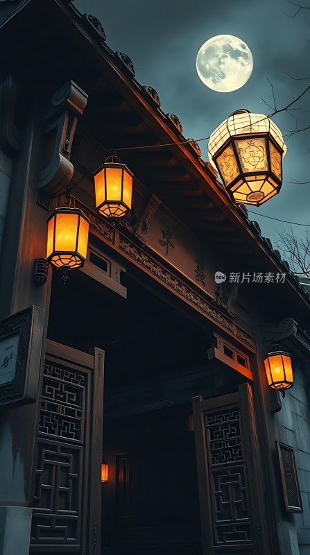 古宅夜月灯笼照