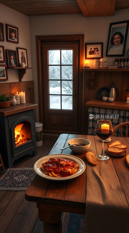温馨冬日晚餐壁炉旁享受美食与温暖