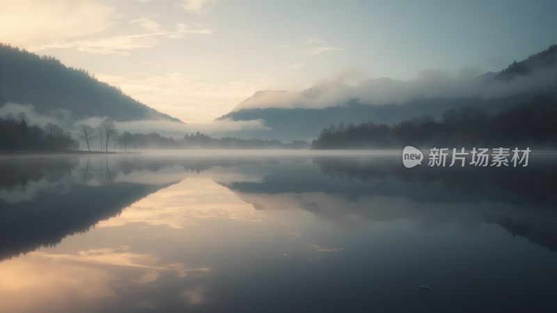 晨曦映照下的静谧湖面