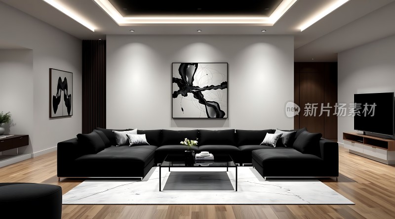 现代简约客厅黑白配沙发电视墙装饰画