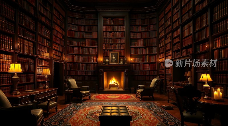 古色古香书房壁炉旁的书架和椅子