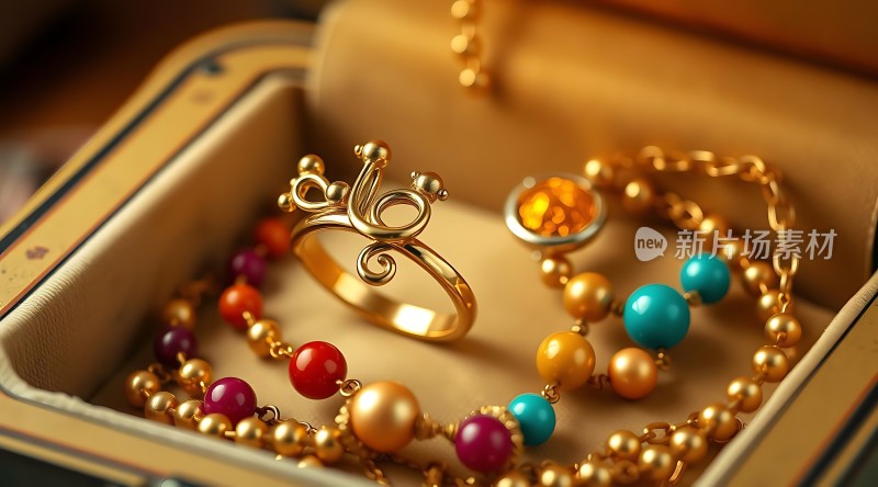 黄金戒指和彩色项链展示