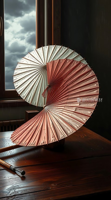 红白相间油纸伞静置木桌