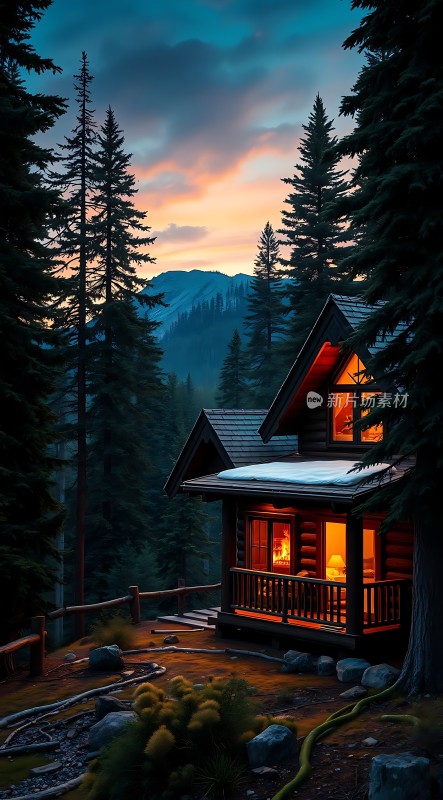 森林小木屋温馨夜色