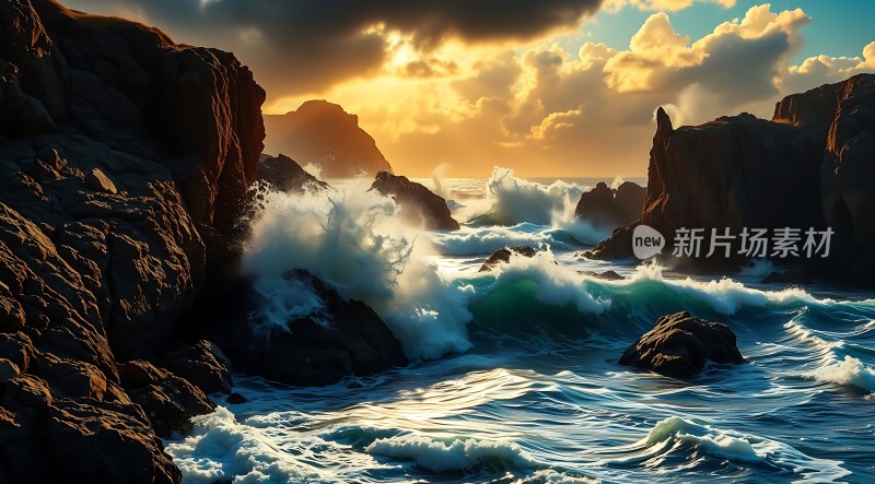日落时分的海浪与岩石