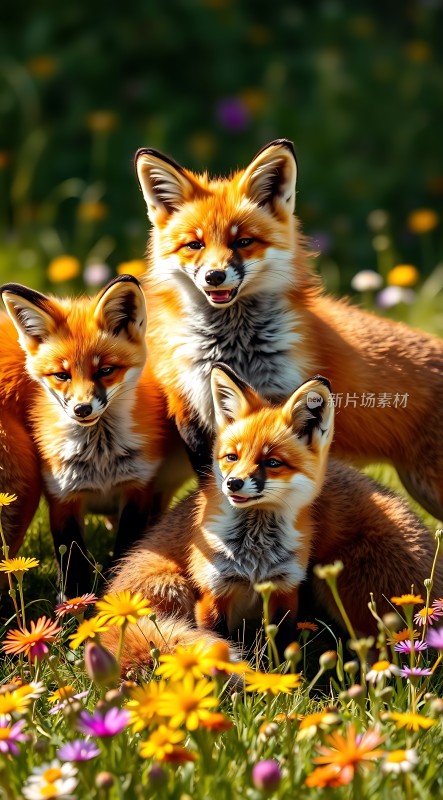 三只狐狸在花丛中嬉戏