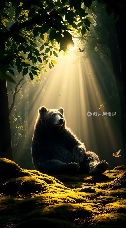 阳光下的森林中一只熊坐在苔藓上周围是茂密的树木和飞翔的小鸟