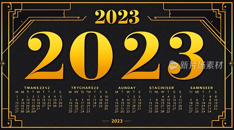 2023年日历金色数字与黑色背景的结合
