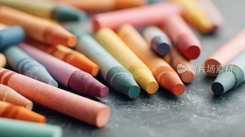 彩色蜡笔散落在灰色表面