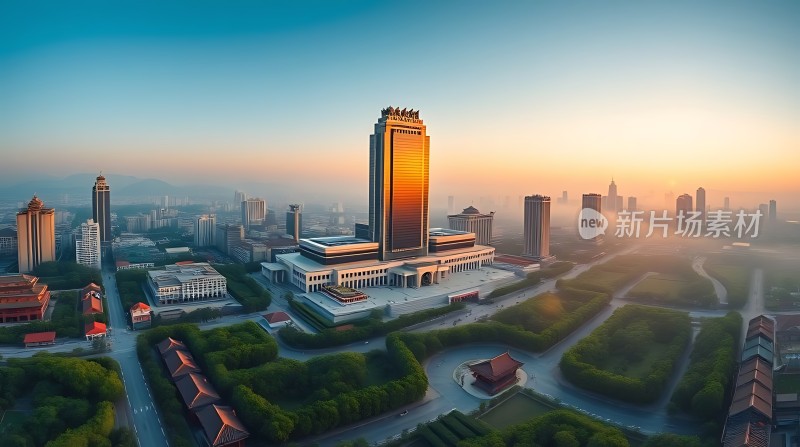 城市日出高楼林立绿树成荫