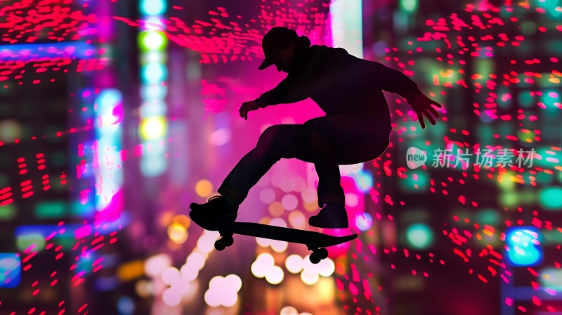 滑板少年飞跃夜色霓虹