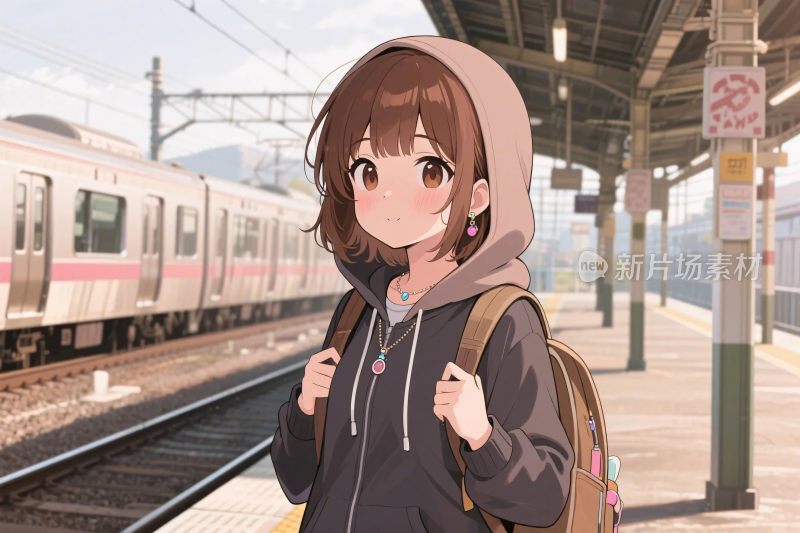 动漫女孩在火车站台