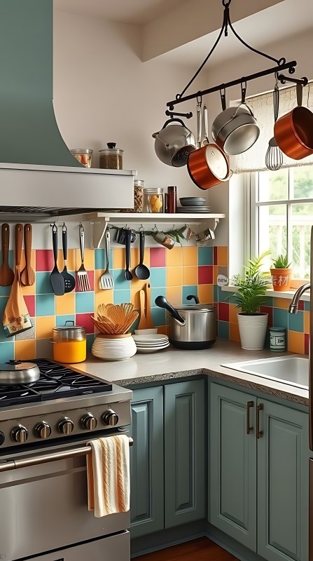 色彩斑斓的厨房绿柜白墙厨具齐全温馨实用
