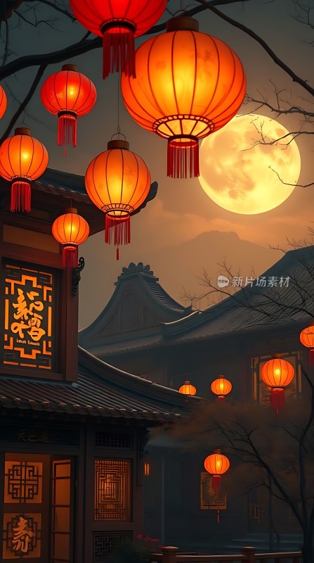 灯笼映月古风夜色