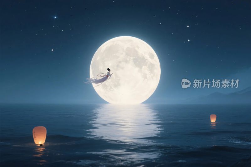 梦幻月亮与夜空天灯