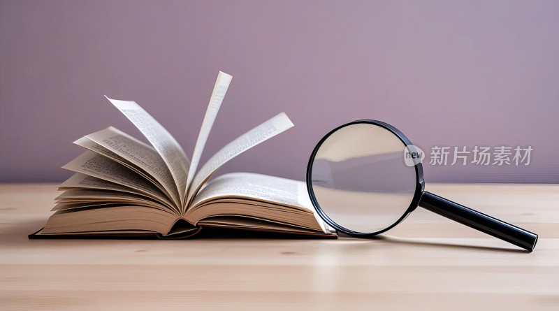 翻开书籍放大镜阅读学习研究知识