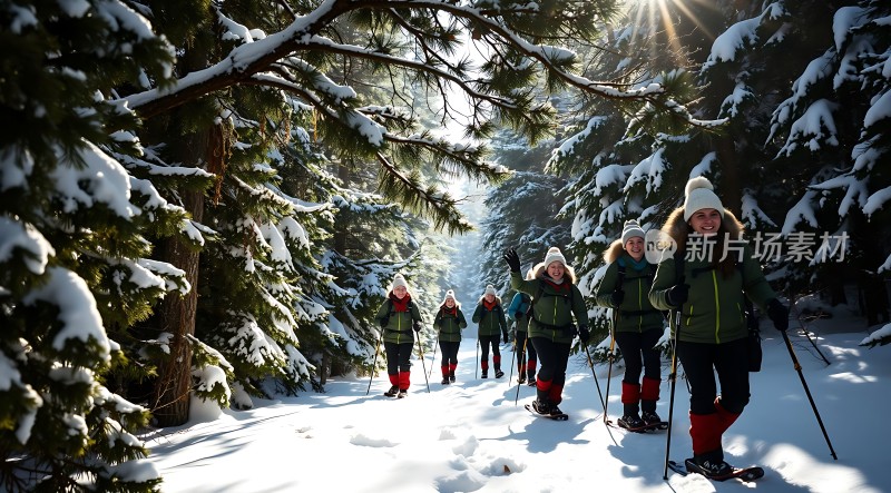 雪地徒步旅行者探索冬日森林之美