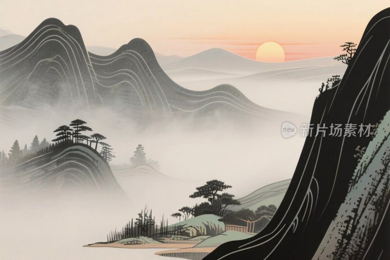 中国山水风景插画