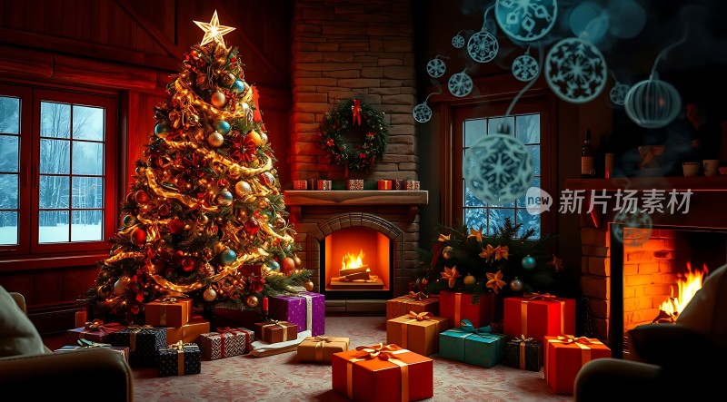 温馨圣诞夜礼物与火炉旁