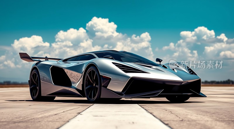 银色跑车在蓝天白云下展示独特设计