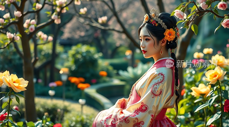 汉服佳人花丛中绽放