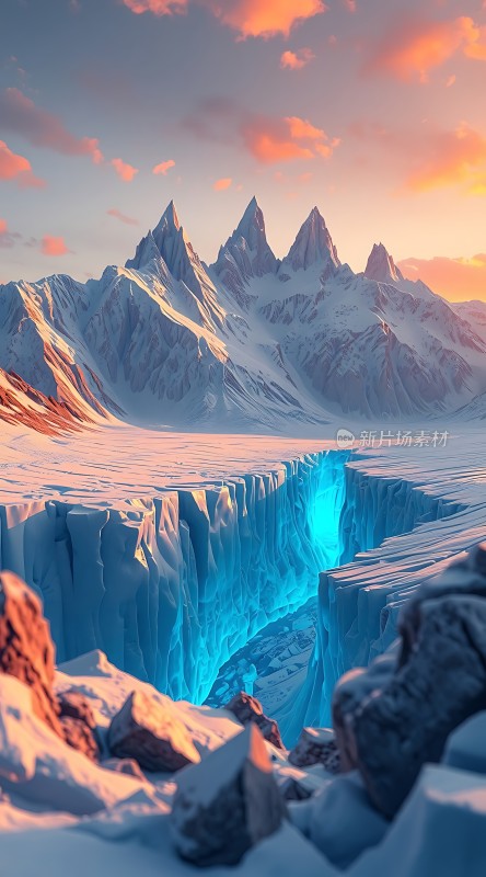 冰封峡谷蓝光闪耀日出映照雪峰
