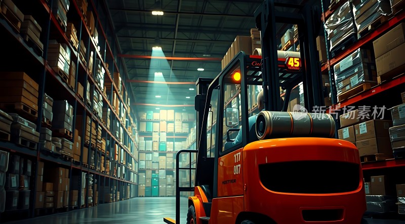 仓库里的橙色叉车