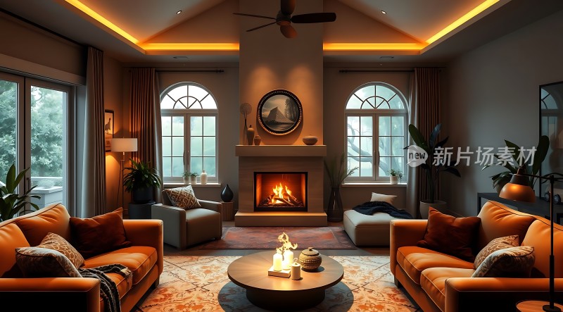 温馨壁炉客厅舒适沙发与自然光