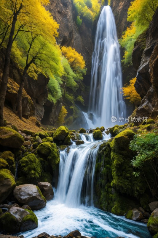 峡谷中的瀑布苔藓岩石和树木高清风景图片