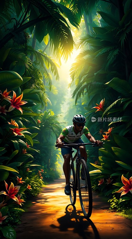 阳光下的骑行者穿越热带雨林