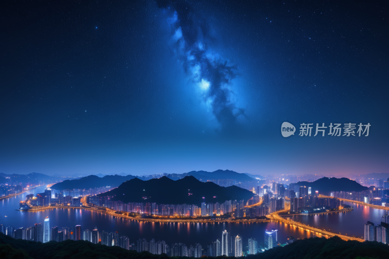 夜空有星星在城市和河流上空流淌背景图片