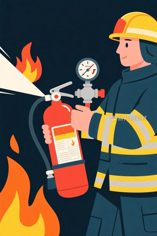 消防员使用灭火器插画