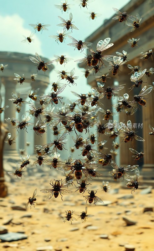 古建筑前的蜜蜂群飞舞