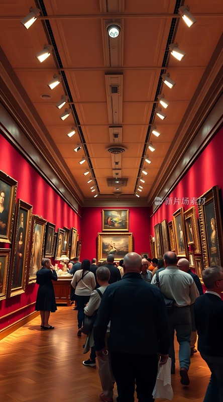 艺术馆内参观者络绎不绝红墙金框画作引人注目