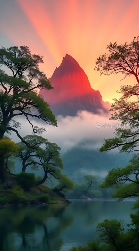 日出湖畔云雾缭绕树木倒影静谧美景