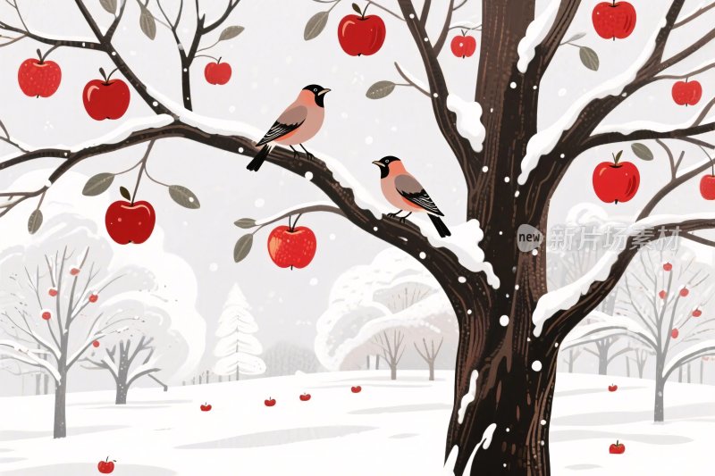 冬日苹果树与小鸟插画