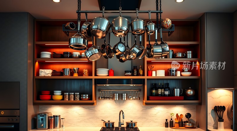 现代厨房设计展示开放式橱柜和悬挂式锅具
